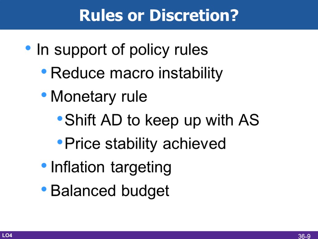 Rules or Discretion? In support of policy rules Reduce macro instability Monetary rule Shift